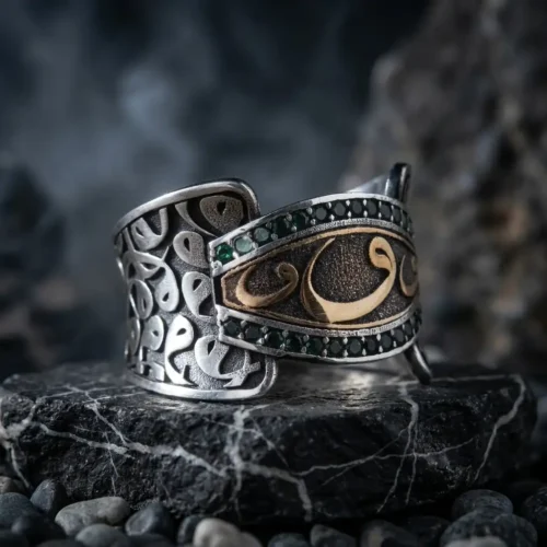 sanat34yuzuk (2) Vav Harfli Yeşil ve Siyah Taşlı Gümüş Yüzük Modeli
