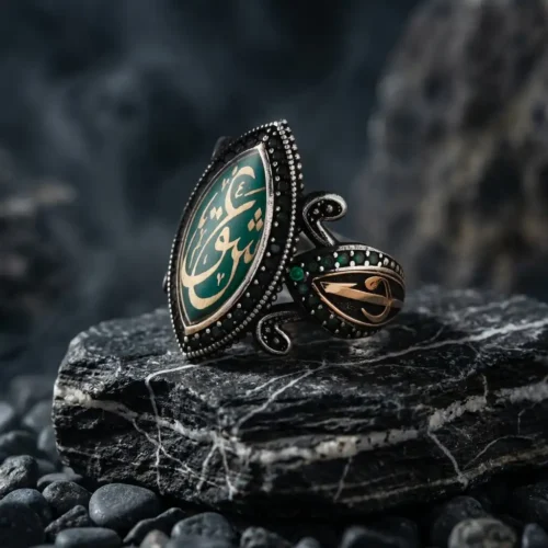 Aşk Hat Sanatlı Yeşil Taşlı Gümüş Yüzük Modeli